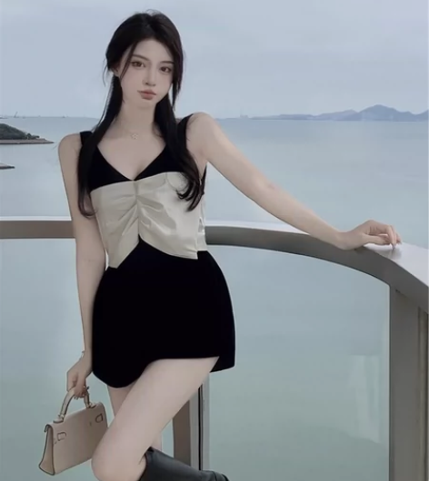 短裙显瘦法式复古性感V领蝴蝶结连体裙裤 感...