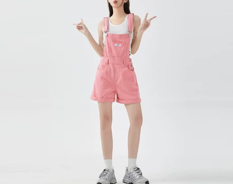 幼质多巴胺粉红色背带牛仔短裤女2023夏季...