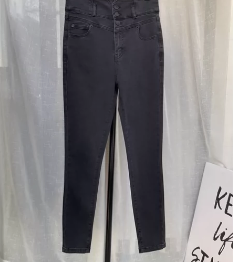 深灰色三扣高腰弹力收腹提臀小脚牛仔裤女  ...