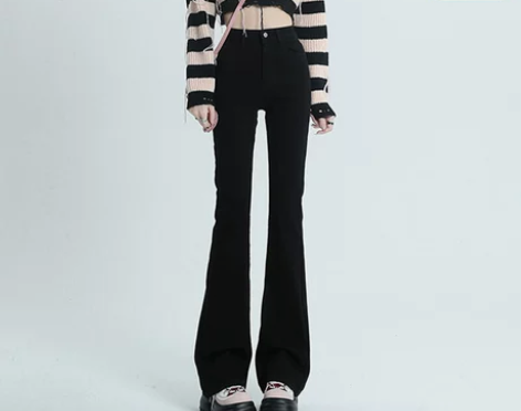 休闲装裤 黑色微喇牛仔裤女秋冬2023年新...