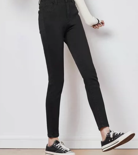 唐狮春秋新款高腰加绒牛仔裤女显瘦弹力紧修身...