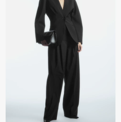 COS女装 休闲阔腿精裁褶裥羊毛长裤黑色宽...