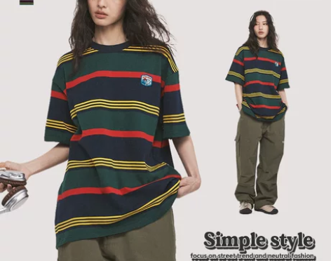 HeyHenry 男装美式条纹短袖T恤宽松...