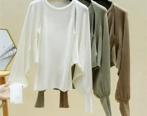 新款上衣女士羊毛混纺背心披肩针织衫两件套开...