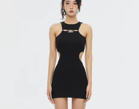 EVAGUE黑色无袖短裙镂空不规则原创露背...