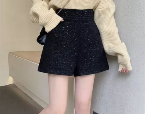 小香风毛呢短裤女2022新款秋冬大码胖mm...