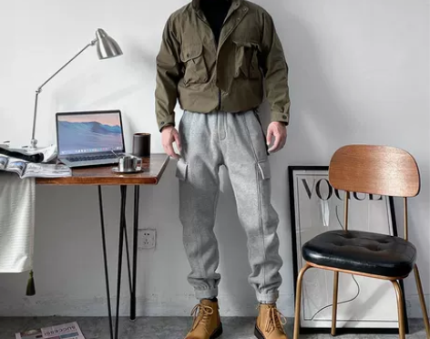 杨相佑冬季加厚工装针织裤男美式宽松束脚多口...