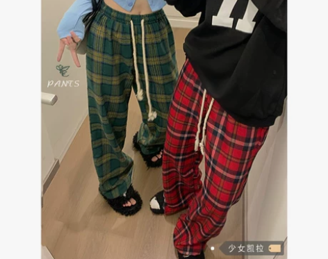 红色格子裤休闲裤女秋冬美式高街运动裤小个子...