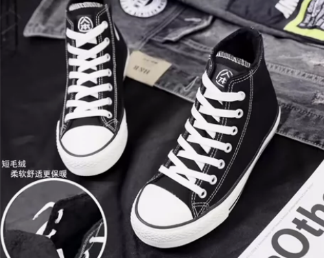 人本高帮加绒帆布鞋女36秋冬黑色休闲平底保...