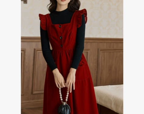 法式复古新年红色丝绒连衣裙高级感秋冬新款毛...