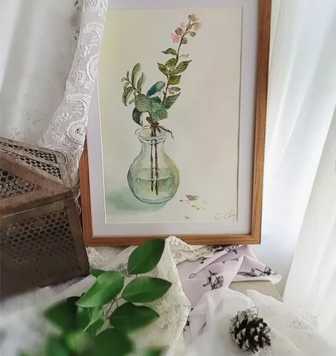 送外框欧洲市集手绘水彩画花瓶里的花英伦乡村...