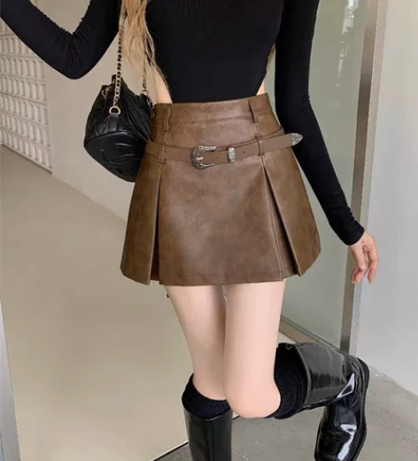 咖色皮裙半身裙女小个子a字裙秋冬2023包...