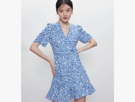 ?UR2020春夏新品女装文艺休闲风蓝色印...