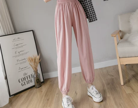 粉色灯笼裤女 夏季冰丝棉麻运动裤 宽松束脚...