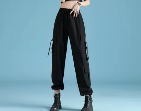 帅气工装裤女秋冬加绒宽松束脚黑色高腰显瘦直...