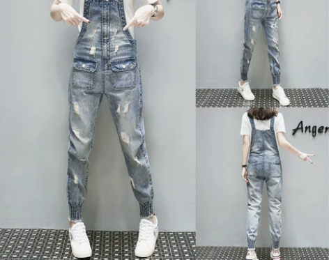 欧洲站2019春秋新款宽松大码磨破洞口袋束...