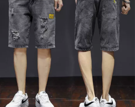 夏天薄款破洞牛仔短裤男潮牌宽松直筒五分裤男...