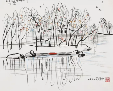 吴冠中字画（龙潭湖畔）纯手绘国画精品书画古...
