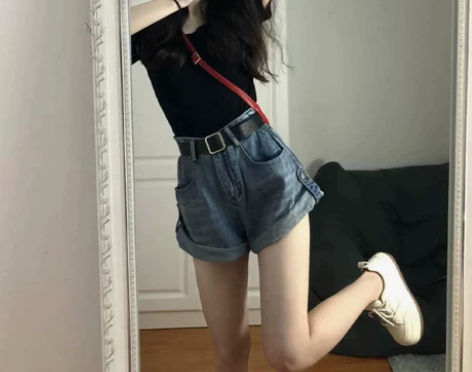 大码高腰卷边牛仔短裤女夏胖妹妹mm梨型身材...