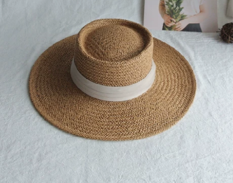 网红同款夏天男女手工编织宽檐平顶礼帽遮阳防...