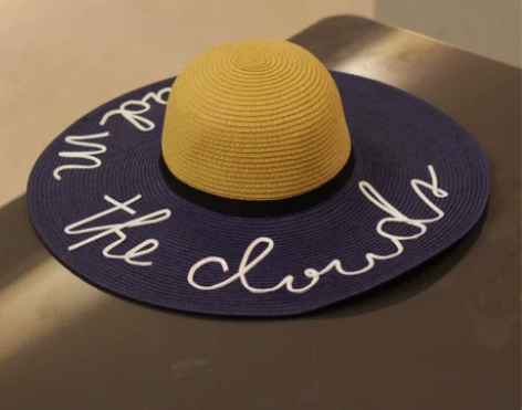 ?春夏欧美优雅卡其拼藏青色大沿沙滩帽白色字...