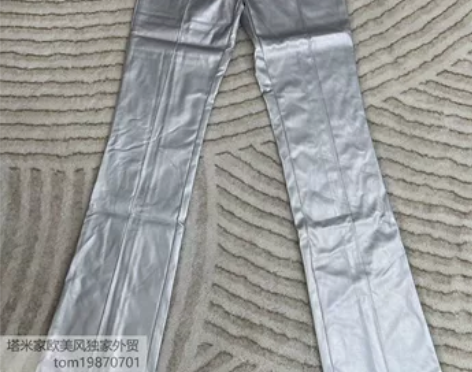 塔米家 澳单GI@中腰修身银色PU直筒长裤...