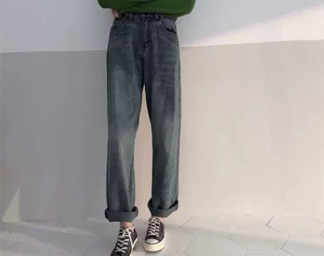 春季韩国bf风复古做旧百搭学生阔腿裤直筒牛...