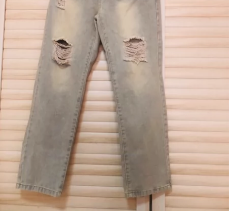 m号无弹力高腰水洗破洞牛仔裤长裤 腰围约7...