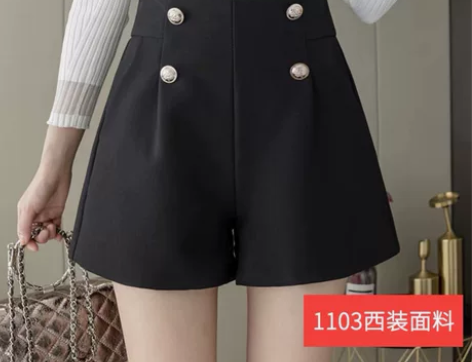 毛呢短裤女春秋冬外穿，高腰排扣a字阔腿in...