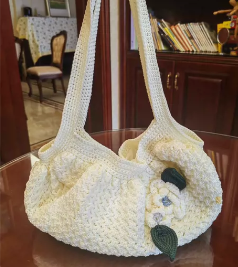 纯手工针织单肩背包妈妈的纯手工全新白色花朵...