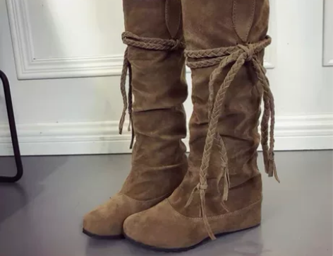 美高筒骑士靴女2022新款小众绑带流苏平底...