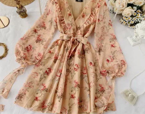 流行裙子早秋新款法式优雅ins泡泡袖木耳边...