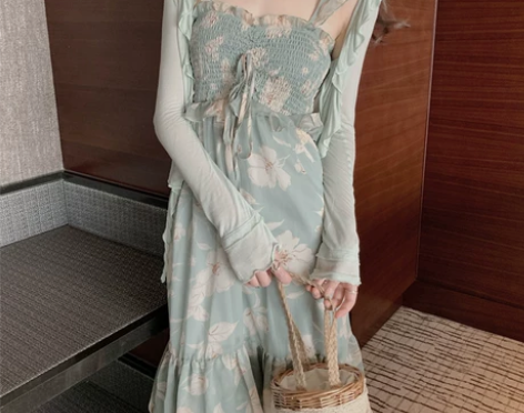 女装法式吊带抹胸翠绿色碎花连衣裙子夏季雪纺...