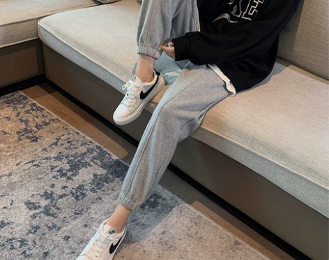 秋冬加绒运动裤女宽松束脚外穿灰色休闲裤加厚...