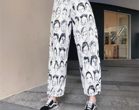 宽松bf显瘦哈伦裤潮束脚九分裤漫画人脸in...