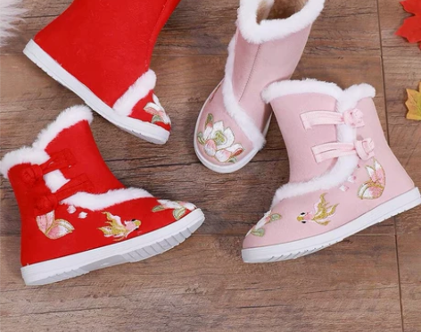 冬季老北京布鞋女童绣花鞋中国风汉服冬靴加绒...