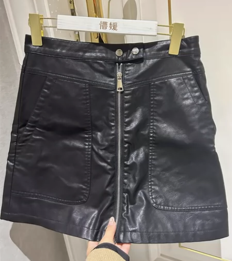 拉链PU小皮裙女春秋黑色高腰显瘦哑光a字版...