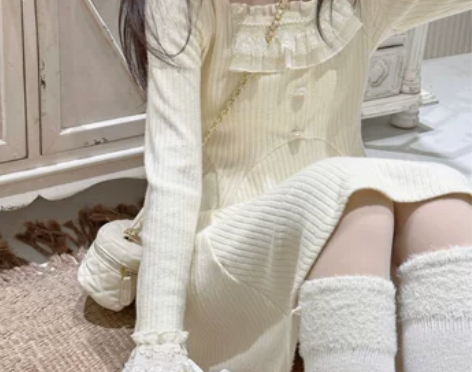 楞之岛方领蕾仿羊绒针织修身显瘦内搭连衣裙中...