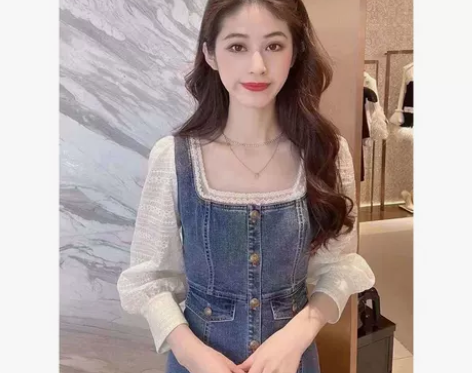 全新未穿学院风方领背带牛仔连衣裙 文艺小清...