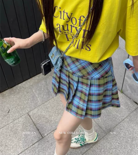 SSRUAN 学院风高腰a字半身裙夏季女2...