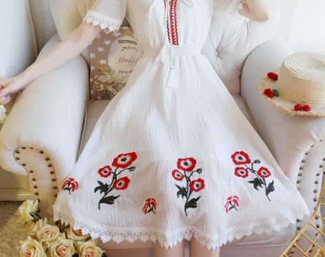 2023新款夏季中国古风刺绣系带白色雪纺连...