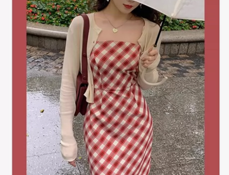 许大晴 港风甜美格子连衣裙女夏季修身高腰直...