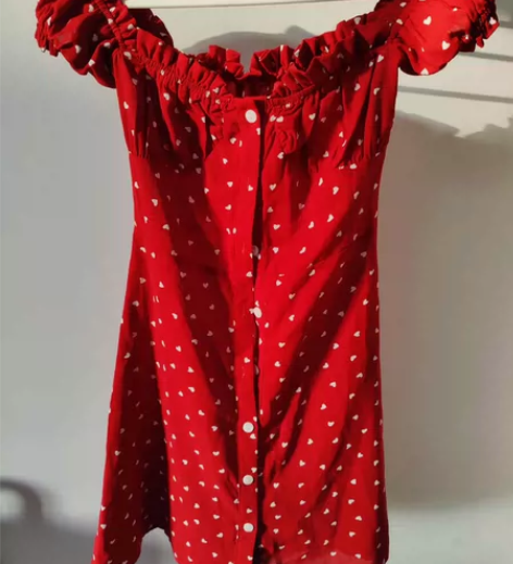 一字肩波点红色连衣裙短裙港风可爱日系 全新...