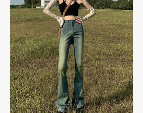 美式复古高腰微喇牛仔裤2022秋季新款辣妹...