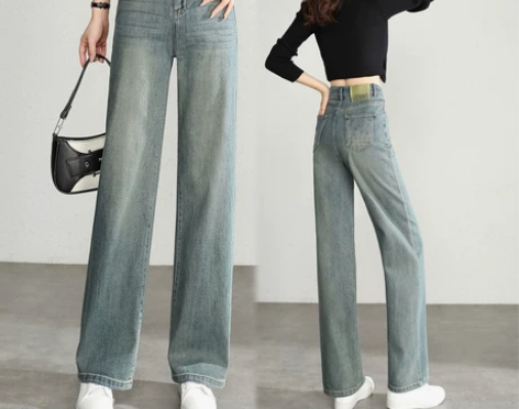 浅色高腰时尚牛仔阔腿裤女2024年春新款小...
