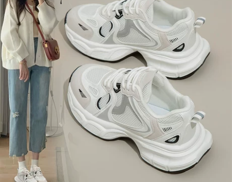 老爹鞋女款2023新款夏季网面透气厚底白色...