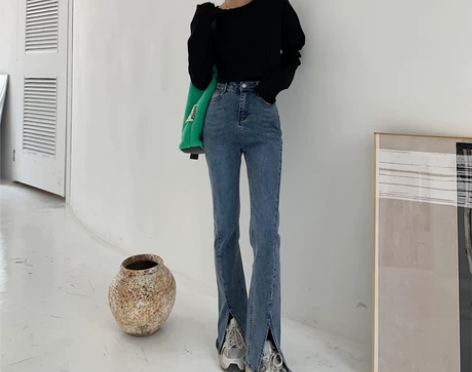 高腰微喇开叉牛仔裤女弹力小个子显瘦大码胖M...