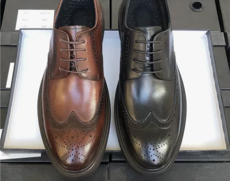 宽头布洛克雕花皮鞋男商务正装真皮夏季透气西...