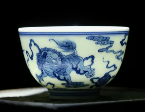 景德镇手绘复古青花茶杯狮子滚绣球茶杯古韵陶...