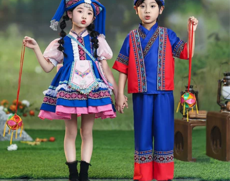 广西三月三儿童壮族少数民族服装演出服女洛丽...